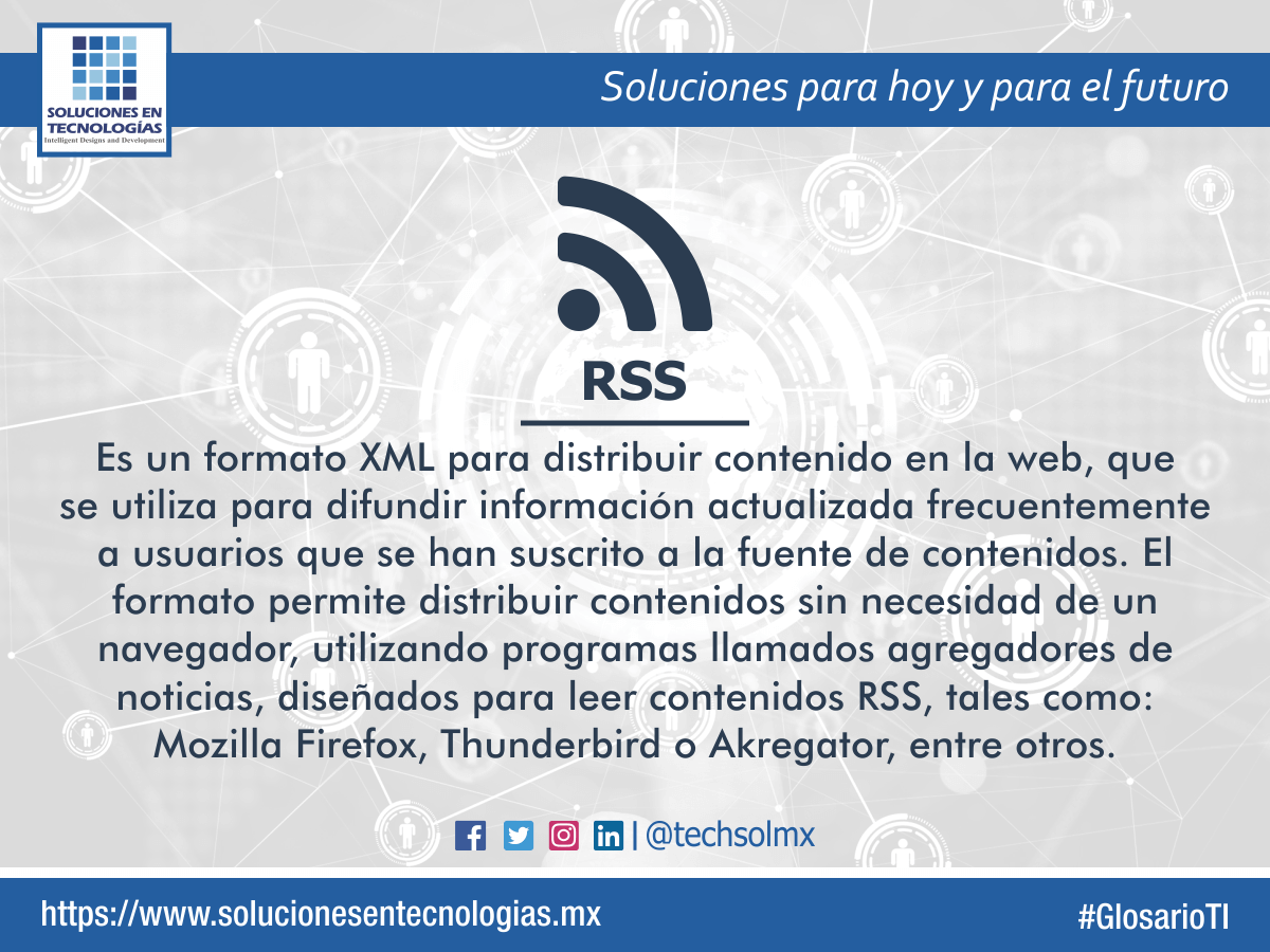 techsolmx's tweet photo. ¿Sabes qué es RSS (Really Simple Syndication)? Ver Glosario: https://t.co/xHgsbOLhBe
#SolucionesenTecnologías #GlosarioTI #RSS #ReallySimpleSyndication #Tecnologías #Tecnología #TIC #Technologies #Technology #Tech #ICT #Digital #México https://t.co/qlkzu6uxox