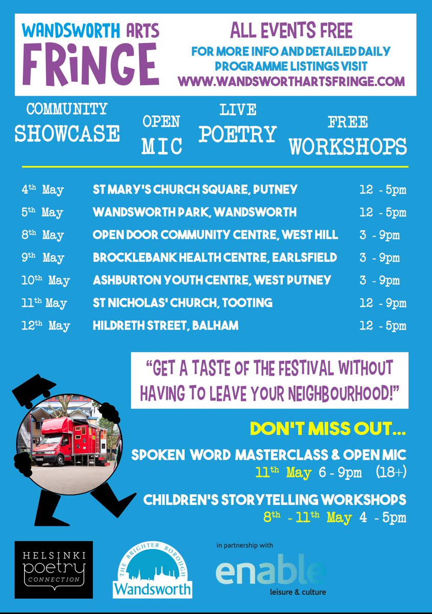 errantstage's tweet image. Locations and times for our upcoming events @WAFfringe

Listen back to our interview @ThisisRiverside to hear Kate talk about the projects for #WAF10

#poetry #spokenword #freefringe #arts #Wandsworth