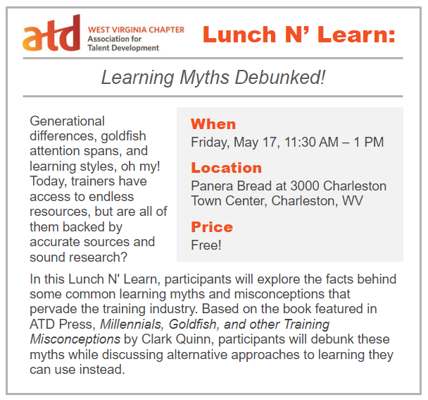 atdwvchapter's tweet photo. ATD WV Lunch N' Learn coming up on Friday, May 17th! Register at https://t.co/vpcm9xhTb6
Parking information available at https://t.co/hkIxP0BOTX
#ATD #ATDWV #literature #talentdevelopment https://t.co/KUVm66qNIC