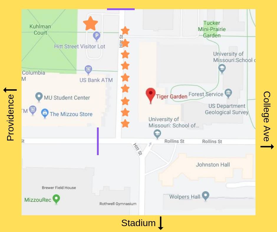 FYI, here's a map of where we are located! There is metered parking along Hitt St. as well as a lot across the street (large orange star) from us. Note that part of campus is closed until 4pm, so we recommend using Rollins St. from College Ave. to get to us! Got Qs? DM us!