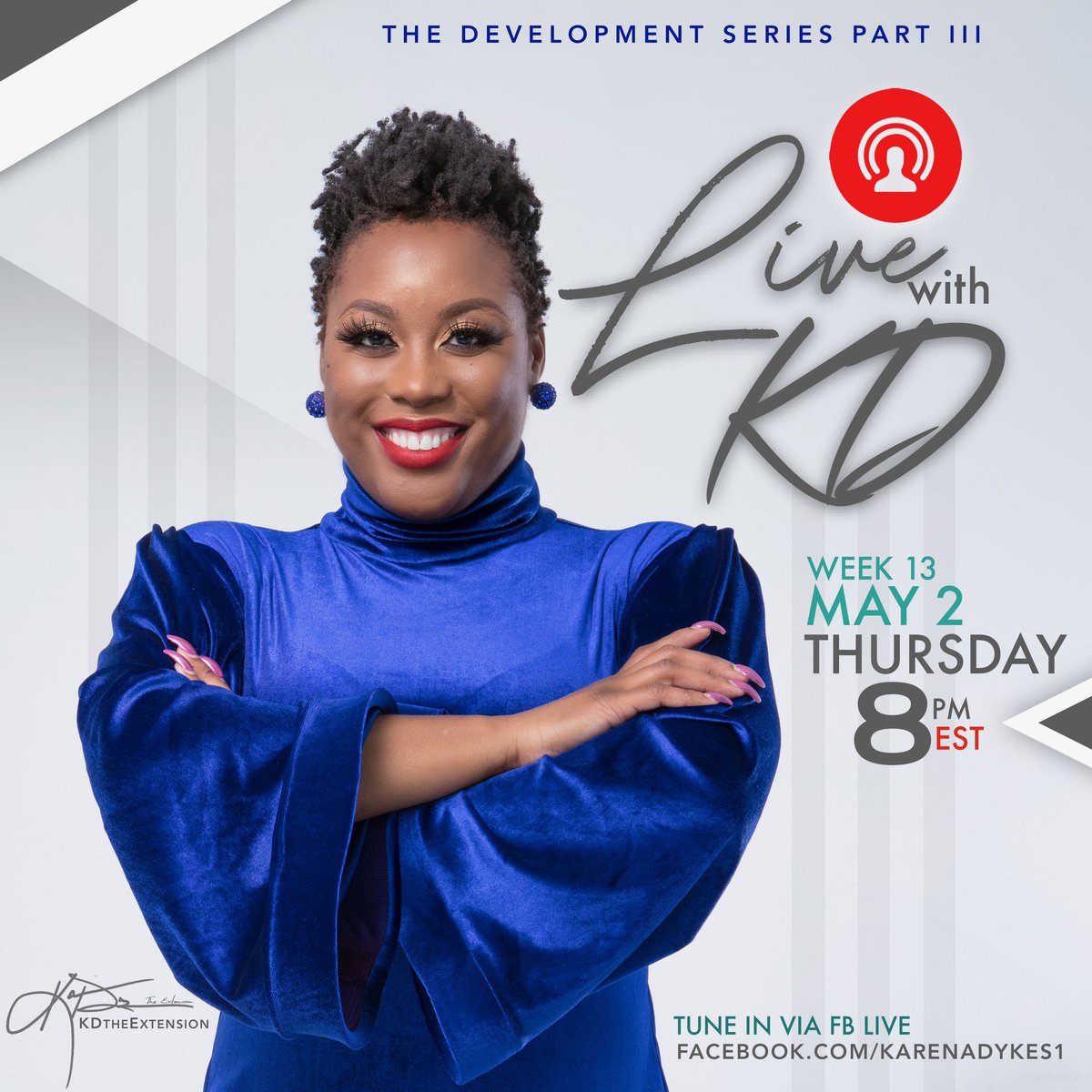 karenadykes's tweet photo. ***TONIGHT***
Tune in at 8pm EST! You already know how we do!
.
#TheDevelopmentSeriesPartIII #KDtheExtension #KarenaDykes #LivewithKD #DODDI #visionaryleaders #visionaries #leaders #entrepreneurs #businessowners https://t.co/QDXmpUbD6N