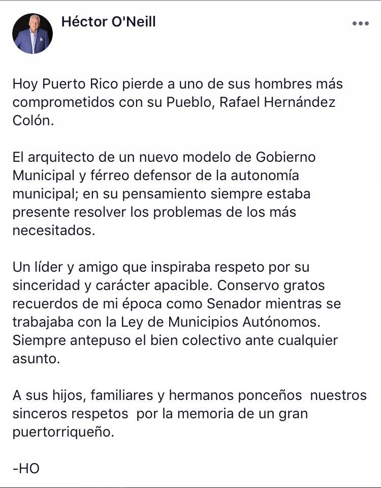 oneillalcalde's tweet photo. Hoy Puerto Rico pierde a uno de sus hombres más comprometidos con su Pueblo, Rafael Hernández Col��n. https://t.co/ojnXOF2EcB
