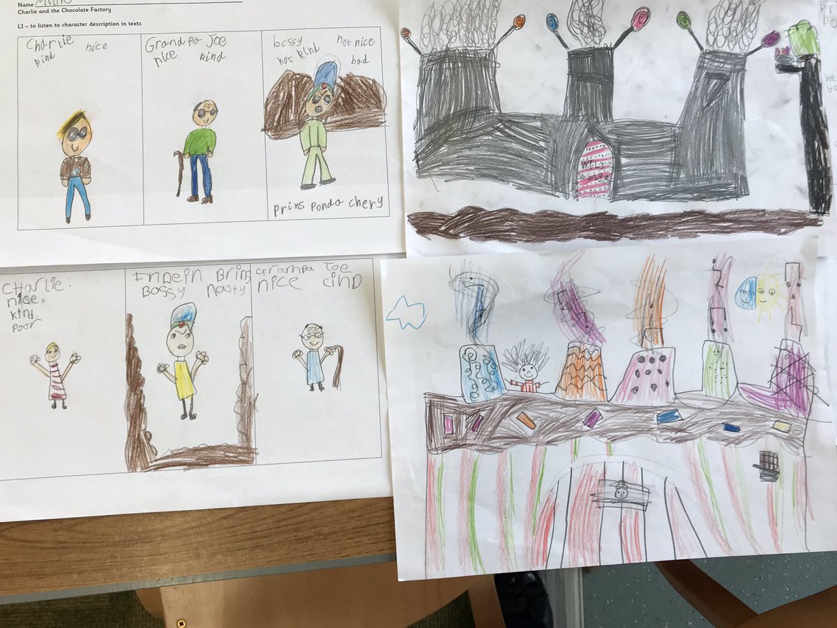 denbeathp5_6's tweet photo. We’ve been reading Charlie and the Chocolate Factory in class. The children have been listening to the descriptions of the characters and Willy Wonka’s Chocolate Factory. https://t.co/gmJzr0eaiX
