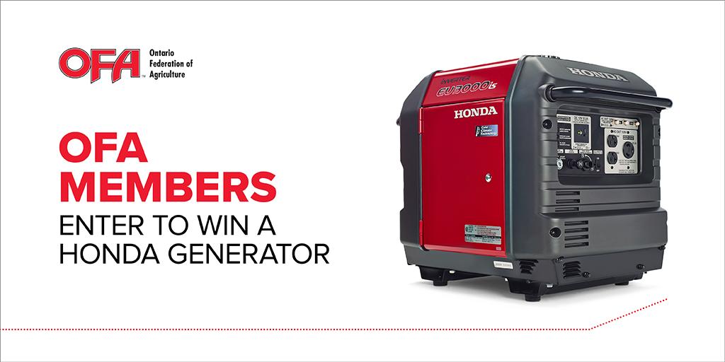 OFA is giving away three <a href="/Honda_Outdoors/">Honda Outdoors</a> prizes to OFA members, including this Ultra-Quiet EU3000i Electric Start Generator. Perfect for getting jobs done around the farm, taking to the cottage and camping. Enter to win at ofa.on.ca/hondadraw #hondadraw #winwithOFAandHonda