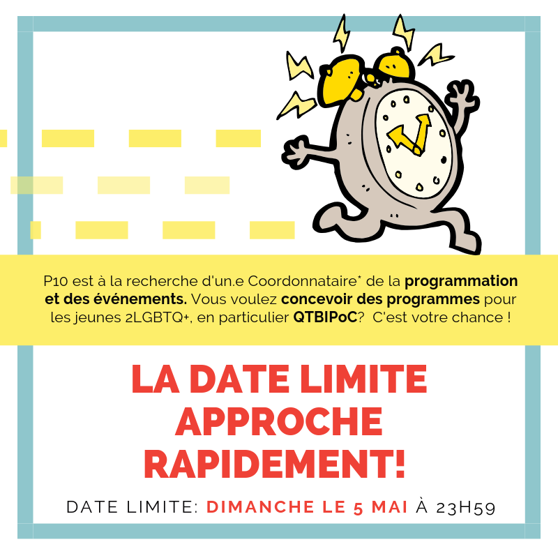 P10 est à la recherche d'une Coordonnataire de la programmation et des événements. Tu veux concevoir des programmes pour les jeunes 2LGBTQ+, en particulier les QTBIPoCs? C'est ta chance - mais la DATE LIMITE APPROCHE est CE DIMANCHE! p10.qc.ca/job-posting-of…
