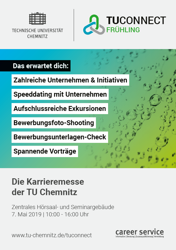 CS_TUChemnitz's tweet photo. Save the date!
In 5 Tagen ist es endlich wieder soweit - am 07. Mai findet die 2. #TUConnect Frühling von 10 bis 16 Uhr im Zentralen Hörsaal- und Seminargebäude der @TUChemnitz statt.
Komm vorbei!
Mehr Infos 👉 https://t.co/G1DLaS1AWd https://t.co/UN5LKOfwKO