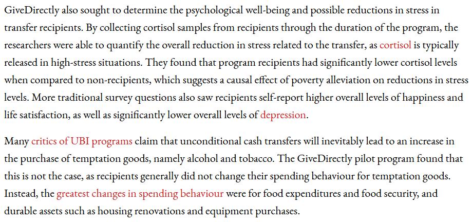 Using cortisol sampling, @Give_Directly has found that unconditional  #basicincome significantly lowers cortisol levels when compared to UBI non-recipients, which suggests a causal effect of poverty & insecurity alleviation on reductions in stress levels. https://www.mironline.ca/why-universal-basic-income-works-givedirectlys-program-in-rural-kenya/