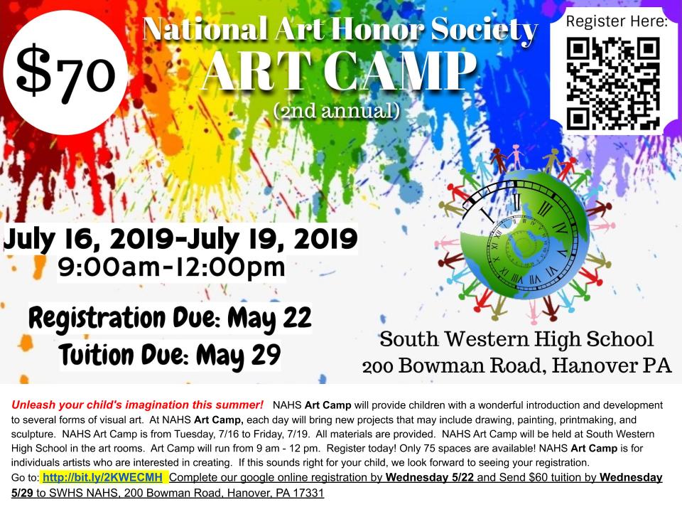 SW_NAHS's tweet photo. 2nd annual NAHS Summer ART Camp (K-5) 
Info: https://t.co/mellJQWhTS or snap QR code @SouthWesternSD @swhsmustangs @SWHSPAB @BaresvilleElem @WestManheimElem @ManheimVikings @HanStElem @HanoverPublic @ParkHillsPacker https://t.co/pwmUYQXxOH