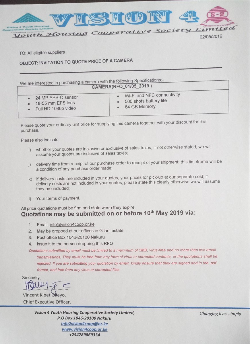 vision4yhcsl's tweet photo. Vision 4 Youth Housing Cooperative Society Limited is inviting your most competitive quotation for a camera as per the attached specifications and terms. https://t.co/LaG1j0DXO3