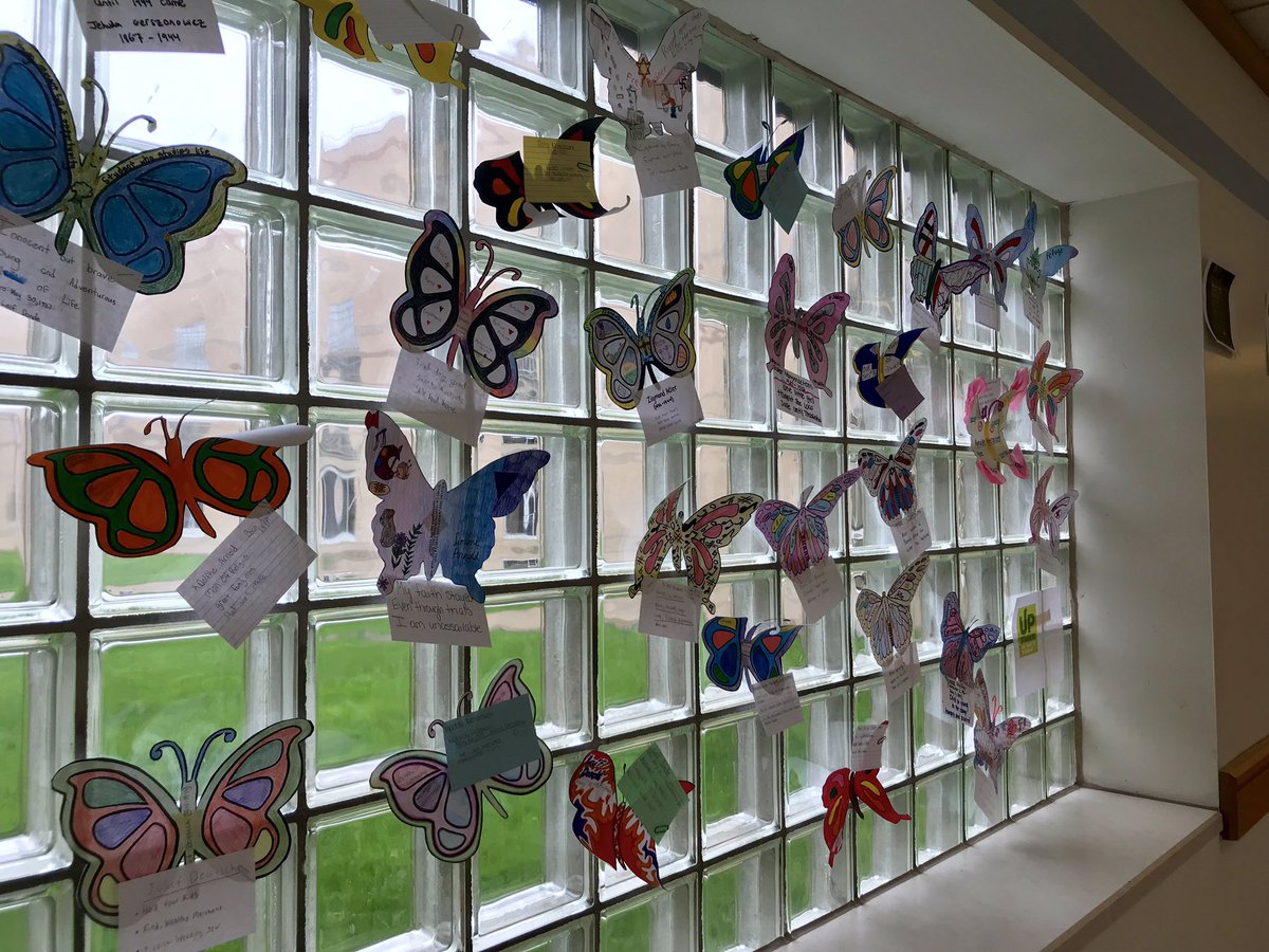 WGHSEnglish's tweet photo. What a gorgeous display as always in memory of Holocaust victims. This year, poems are attached that pay tribute and capture the lives of individuals!  Thank you, Mr. Marsh and Mr. Coultry for putting them all up! #genocideawarenessweek https://t.co/9E6OznaUUZ