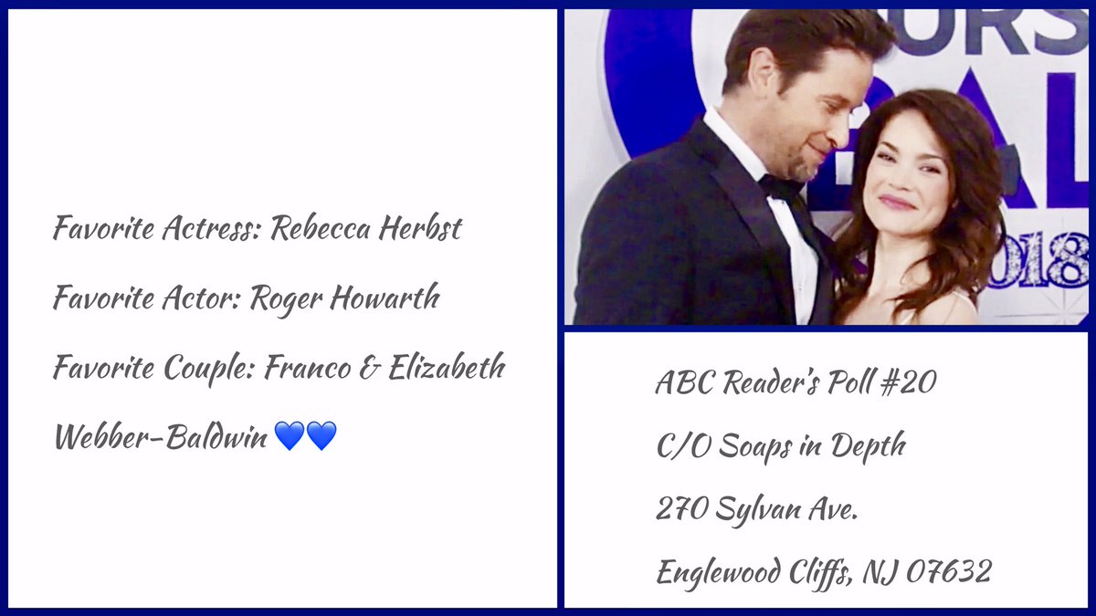 FunwithFriz's tweet photo. Hi #Frizzies! It’s that time!😊 Don’t forget to vote for Roger, Becky, &amp; #Friz in the new Soaps In Depth Reader’s Poll (Poll #20).💙💍💙 #ReRo #WebberBaldwins #GH  

Your postcard or envelope with the info below written on it needs to arrive no later than Thursday, 5/9. 📭💌📬 https://t.co/eEncZAGtNI