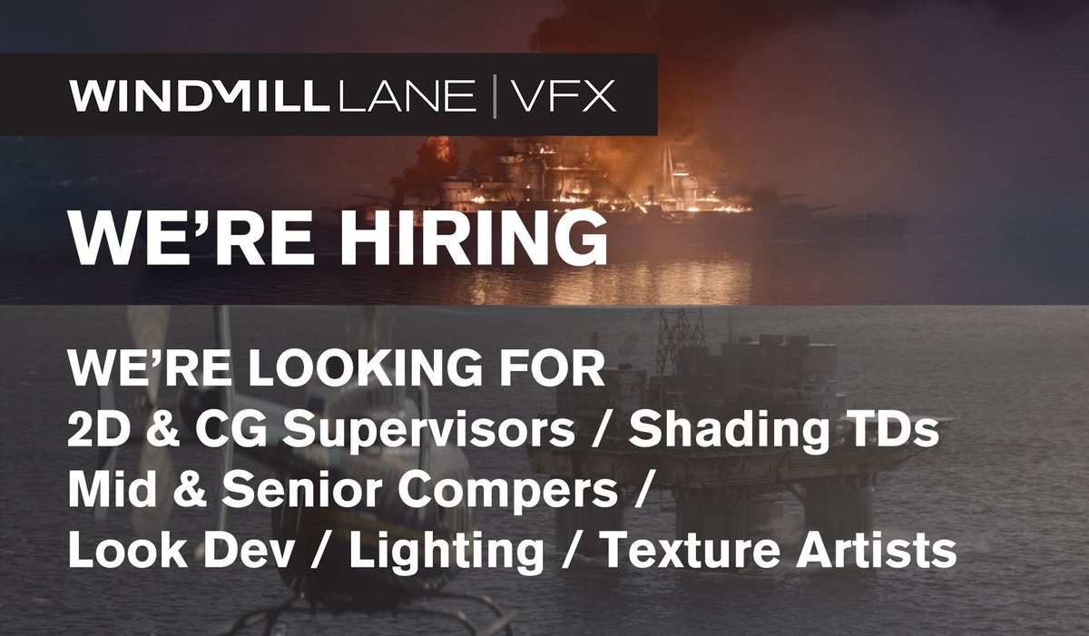WindmillLaneVFX's tweet photo. We are hiring! Please get in touch if you are interested in any of the roles we have available. All roles are based in Dublin.  https://t.co/QzvRBMwkDf #jobs #vfxjobs #jobfairy #dublin #visualeffects #cgi #compositors #vfxartist https://t.co/d0uJfs3uLh