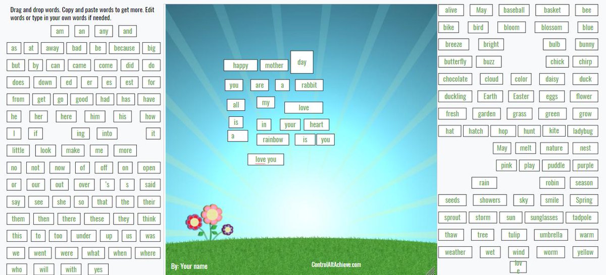 HVTechCoach's tweet photo. Using #googledrawings with Ms. Cantey's class to create some Spring &amp; Mother's Day "magnetic poetry" thanks @ericcurts for the template!🌻https://t.co/VjPDZOLwKf
#ppcsd #pineplainsproud https://t.co/g8jKZvRUra