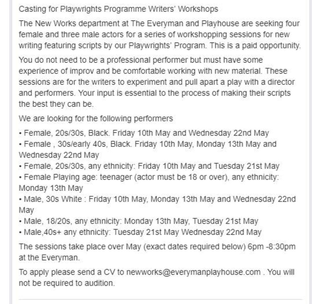 I'm looking for some local #Liverpool actors for some New Works playwrights' workshops at the Everyman. Please come and play with me