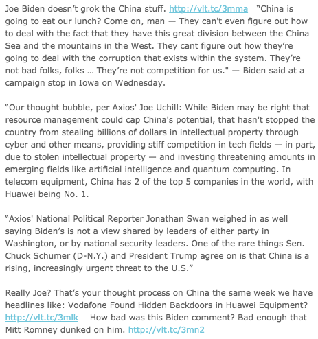 bhweingarten's tweet image. .@bdomenech connects the dots on Joe Biden's looming China problem in today's must-read @TheTransom, with a nod to my latest @FDRLST. China has got to be a seminal issue in the 2020 election thefederalist.com/2019/05/02/bid…