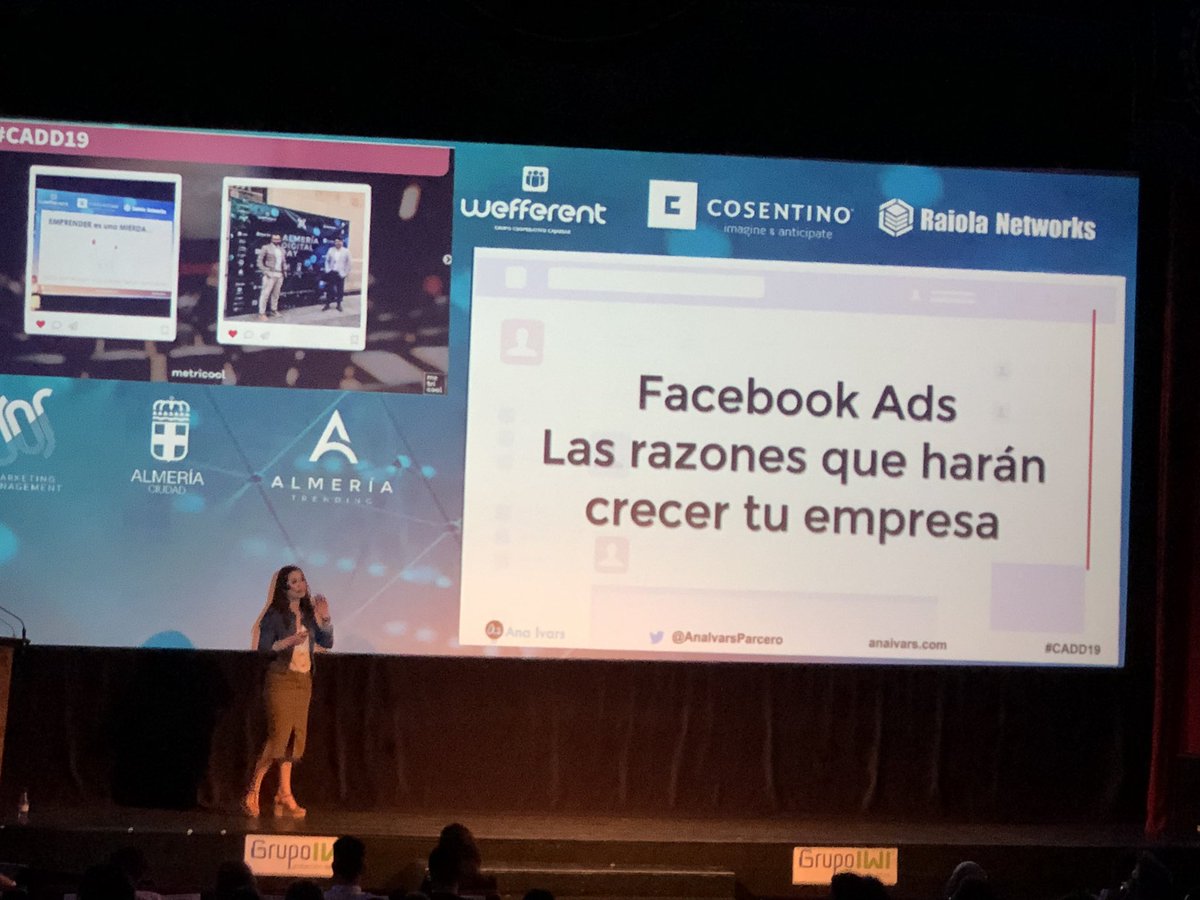 Comienza la ponencia de <a href="/AnaIvarsParcero/">Ana Ivars</a> donde nos va a contar cómo meterle caña a Facebook Ads en #CADD19 #CommunityManager
