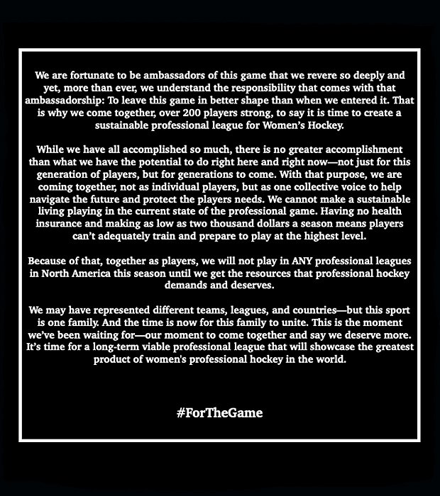 In a bold statement, more than 200 women - including Marie-Philip Poulin, Hilary Knight, Brianne Jenner & Kendall Coyne-Schofield - have banded together to call for an overhaul of women’s professional hockey. More from @TSNBobMcKenzie: tsn.ca/1.1299658 #TSNHockey