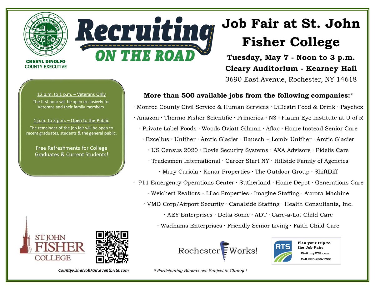 marycariola's tweet photo. Looking for a new career? Mary Cariola is hiring and we;ll also be at the Recruiting on the Road Job Fair at St. John Fisher College on Tuesday, May 9th from noon to 3pm. #ROC #Jobs #jobsearch  #jobseekers https://t.co/BGeLqcA4jl