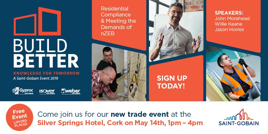 SaintGobainIE's tweet image. We are delighted to announce an exciting lineup of guest speakers for our afternoon seminar &apos;Residential Compliance &amp;amp; Meeting the Demands of nZEB&apos; @ our NEW Build Better Roadshow in @claytonsprings Cork - To register follow the link saint-gobain.ie/build-better-r… #BuildBetter  #TechAcad