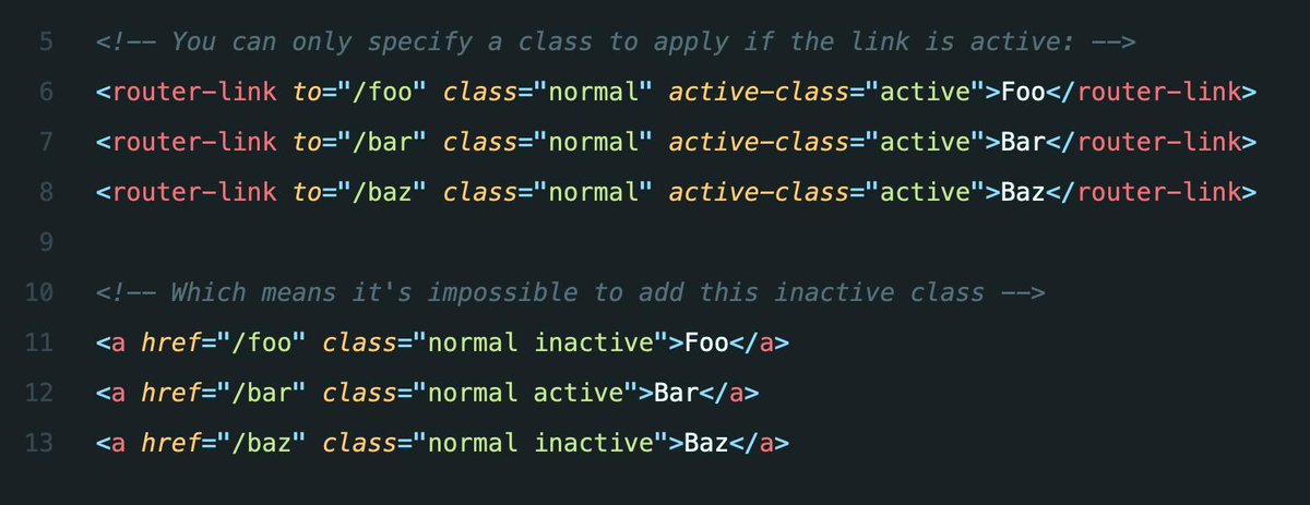 Adam Wathan on Twitter: "Any way with vue-router to say "only add this class if this link is *not* the active link"? Would make it much more Tailwind-friendly if I can figure Adam Wathan on Twitter: "Any way with vue-router to say "only add this class if this link is *not* the active link"? Would make it much more Tailwind-friendly if I can figure