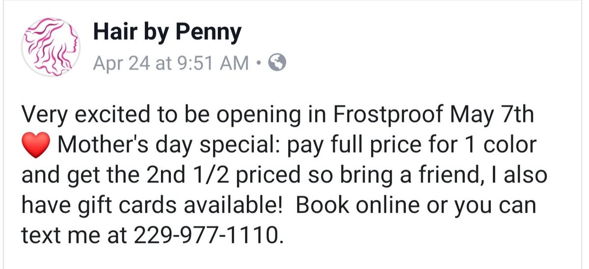 New Salon opening in Frostproof - Hair by Penny 

Book your appointment today! 

Check out her Hair by Penny Facebook page