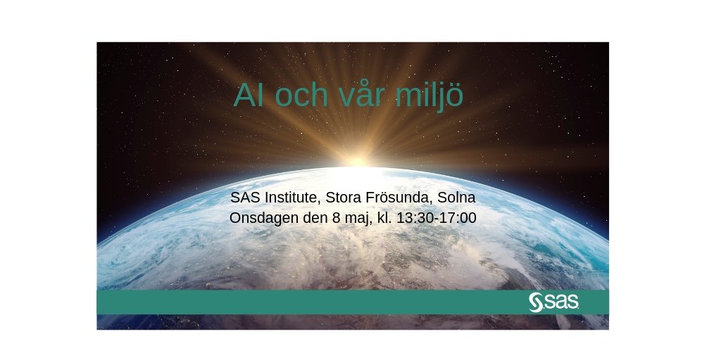 ybjur's tweet photo. Är AI räddningen på miljöproblemen? 
SAS Institute bjuder in till inspiration och kunskapsbyggande kring #AI, #miljö och #hållbarhet. https://t.co/ds1Egx1HfC https://t.co/1kced01tUC