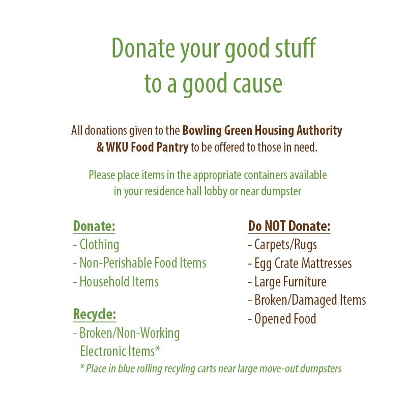 Packing up for the summer? You can place good, unwanted items in the boxes in your hall lobby to be donated to the Bowling Green Housing Authority &amp; the #WKU Food Pantry. Please review the items we can and cannot accept.