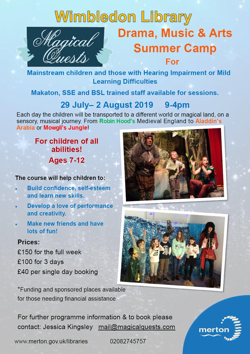 MertonArtsSpace's tweet photo. This summer, be transported to magical worlds on a sensory, musical journey with @MagicalQuesters. From Robin Hood’s Medieval England to Aladdin’s Arabia or Mowgli’s Jungle! This drama, music and arts summer camp is for children of all abilities, aged 7-12 years. https://t.co/1xggzfhX43