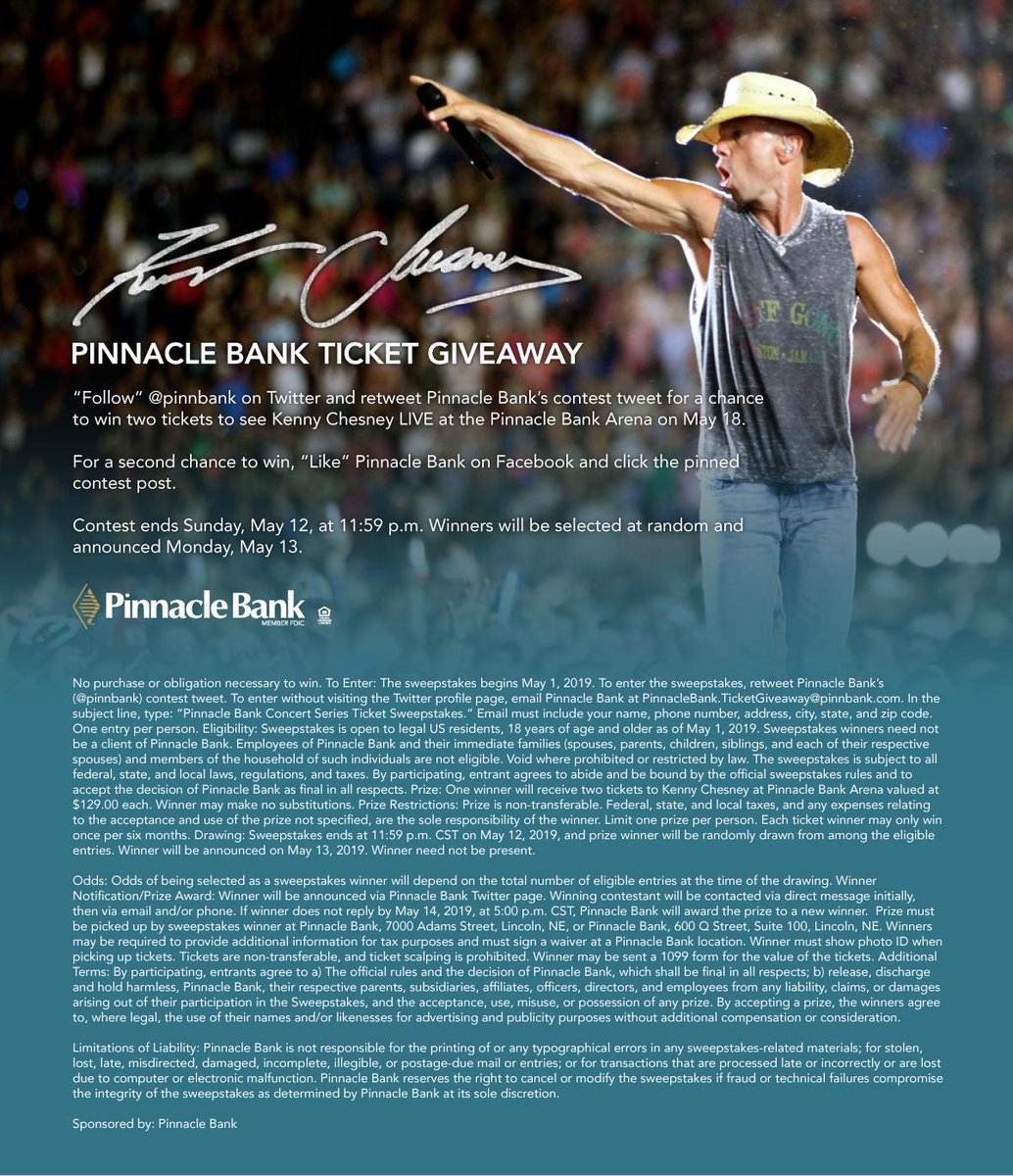 .<a href="/kennychesney/">Kenny Chesney</a> and his Songs for the Saints tour take over <a href="/PinnacleArena/">Pinnacle Bank Arena</a> on Saturday, May 18.

Want to go? All you've got to do is retweet this tweet to be entered to win a pair of tickets!