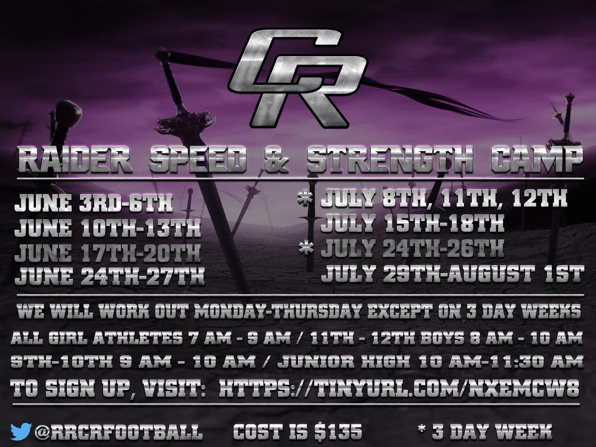 Cedar Ridge Athletics. It’s that time of year. Start making plans to attend our Summer Speed &amp; Strength Camp. Registration is open, how committed are you? <a href="/RRCRFootball/">Cedar Ridge Football</a> @CRHSSB <a href="/crhsvolleyball/">Cedar Ridge HS Raiders Volleyball</a> <a href="/RRCRBasketball/">Cedar Ridge Raider Basketball</a> <a href="/CRidgeBaseball/">Cedar Ridge Baseball</a> @CRTrack2019 <a href="/CDFulkes_MS/">CD Fulkes Middle School</a> <a href="/RidgeviewMS/">Ridgeview Middle Sch</a>
