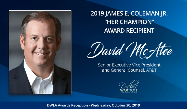 DallasWomenLaw's tweet photo. Congratulations to our 2019 Her Champion Award Recipient, David McAtee, Senior Executive Vice President and General Counsel, AT&amp;T.
#awards #honorees #womeninlaw #dallas #dfw #lawyers #dwla #mensupportingwomen https://t.co/ACUrMTsMmz