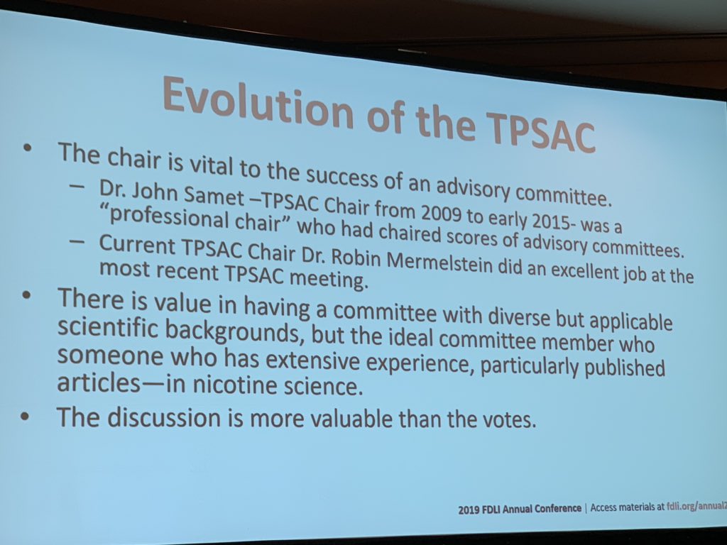 DrGilchrist's tweet photo. “The chair is vital to the success of an advisory committee” Jim Solyst from Swedish Match.
Oh boy, is that the case.
So sorry Dr. Mermelstein didn’t chair our #TPSAC for IQOS.
#annual19 https://t.co/nxBGnGGaky