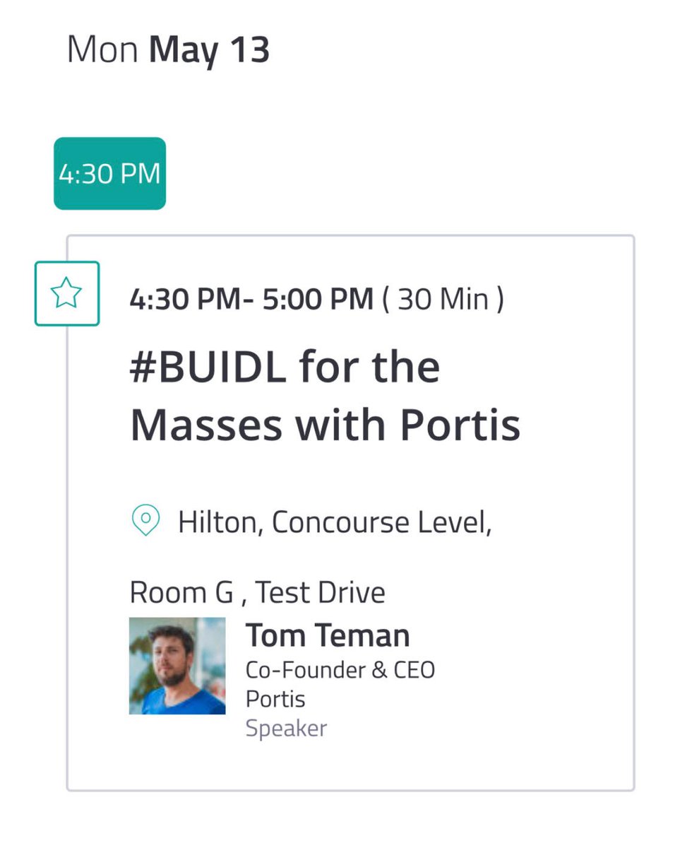 scottgralnick's tweet photo. Come listen to @tomteman from @portis_io speak at Consensus. #blockchain #wallet #GasRelay #BUIDL #Web3 #Dapps #EnterpriseBlockchain #web3provider #eos #iota https://t.co/uwqr23uA9p