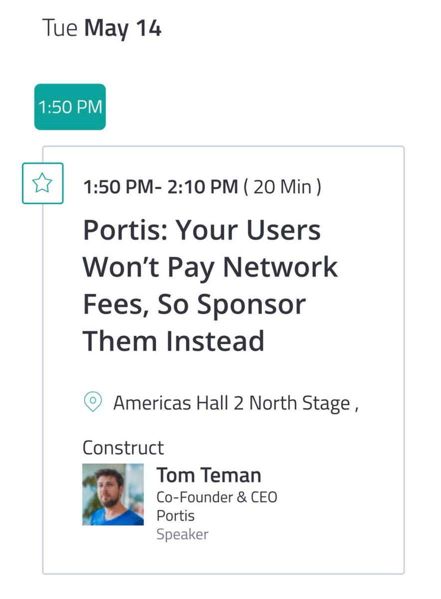scottgralnick's tweet photo. Come listen to @tomteman from @portis_io speak at Consensus. #blockchain #wallet #GasRelay #BUIDL #Web3 #Dapps #EnterpriseBlockchain #web3provider #eos #iota https://t.co/uwqr23uA9p