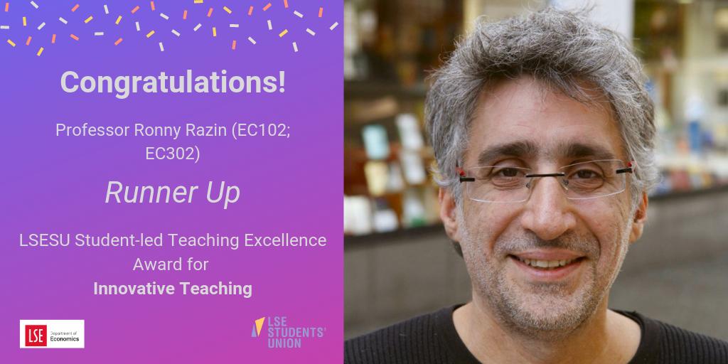 LSEEcon's tweet photo. Congratulations to Ronny Razin (EC102; EC302) Runner Up for the @lsesu Teaching Excellence Award for Innovative Teaching! 🙂 

Read more: https://t.co/AZLkIxMXqi https://t.co/ouSzL7n87H