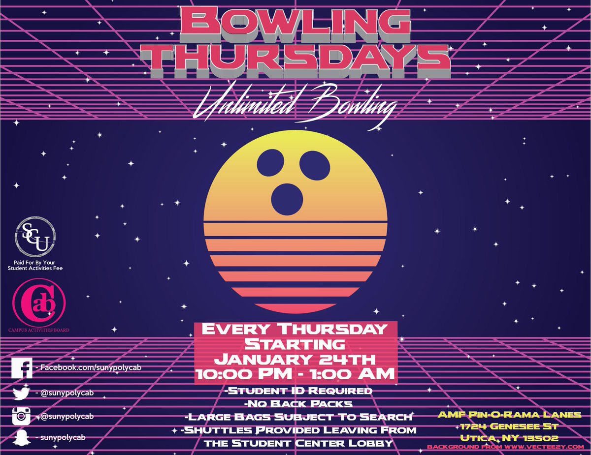 BOWLING CANCELLED FOR REST OF SEMESTER! We hope you enjoyed bowling for the Spring Semester! There will be no more bowling (including tonight) for the rest of the semester, please spread the word