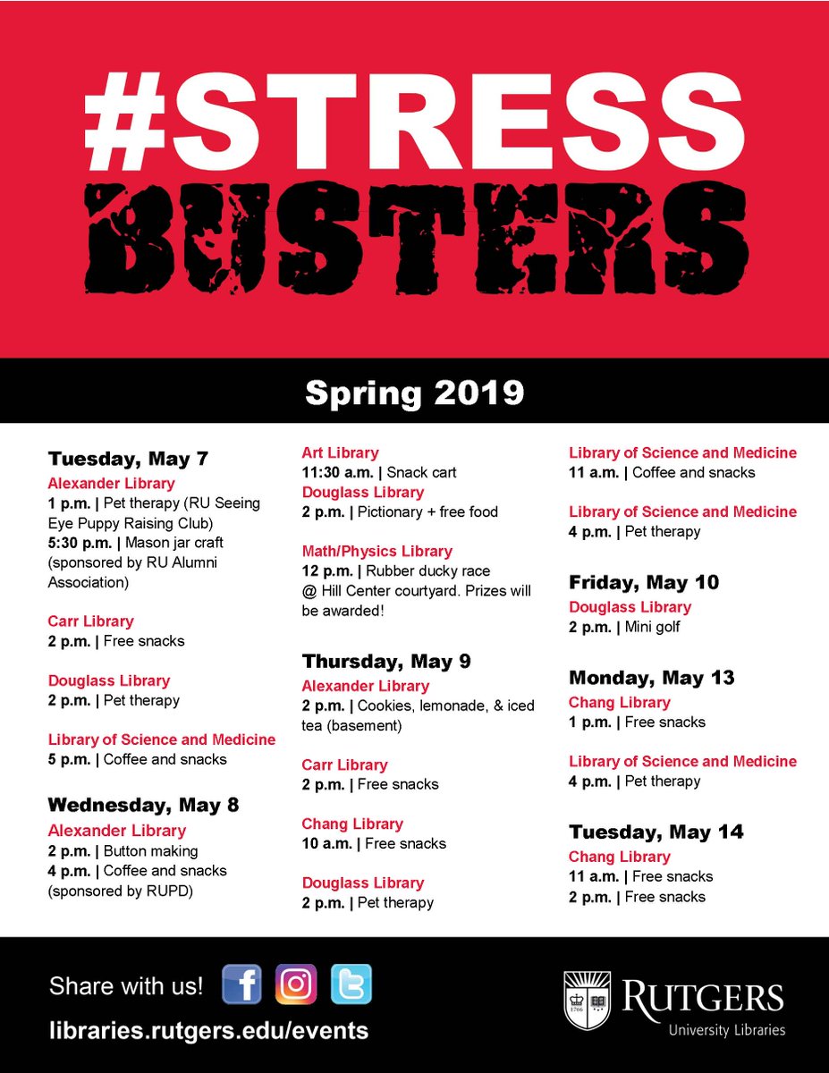 zimmerlimuseum's tweet photo. One of the most important tasks during #Rutgers #FinalsWeek?
Planning how to take part in all the offerings that help you study better!
#StressBusters @RULibraries & our own #StudyAllNight both start May 7. @RUgetinvolved @MasonGross @RUPARutgers @RUParents @daily_targum @ruinfo https://t.co/jAjkNnsm65