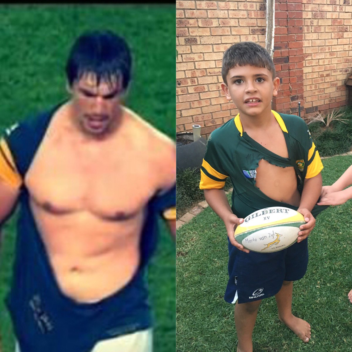 When your boy tears up his rugby jersey to look like his hero <a href="/EbenEtzebeth/">Eben Etzebeth</a> ! Now we need to get the jersey signed when the <a href="/Springboks/">Springboks</a> come to Bloemfontein then frame and up on the wall!!!👌👏💪