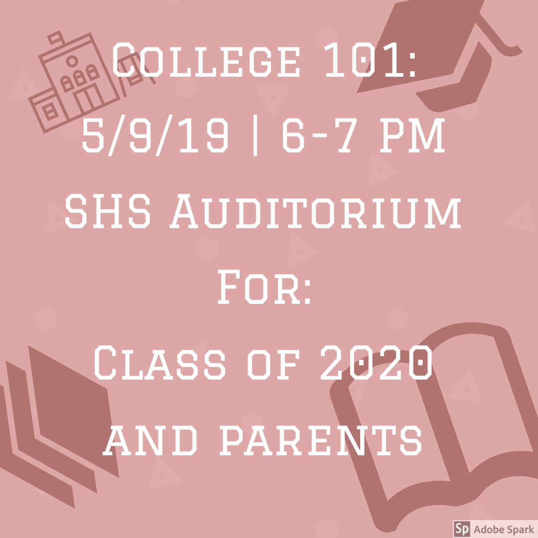 SalineHS's tweet photo. College 101: Juniors and families on 5/9/19 6-7PM in SHS Aud  HS counselors will cover: timeline, searching for schools, criteria for admissions, sending transcripts, test scores, recs, scholarships, financial aid, Common App, and more. #SHSLearn @SalineHSDean @PrincipalStager https://t.co/5MGKkvdV7h