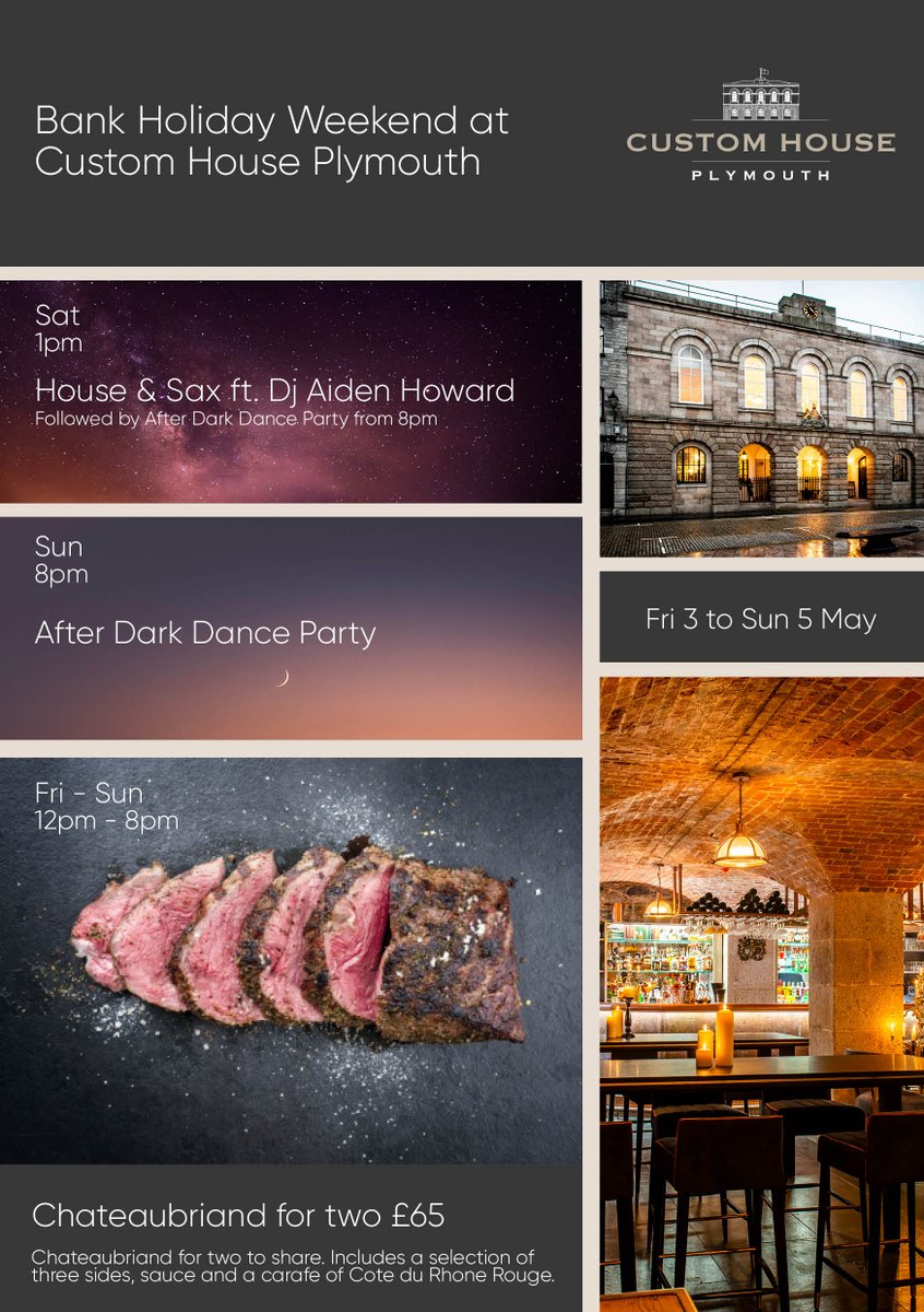 Check out what's on this weekend at Custom House!
.
* Friday 3rd May - Resident DJ in the Cellar Bar from 8 pm)
* Saturday 4th May - House &amp; Sax featuring DJ Aiden Howard from 1pm followed by after-dark dance party in Cellar Bar from 8pm
* Sunday after dark dance party from 8pm