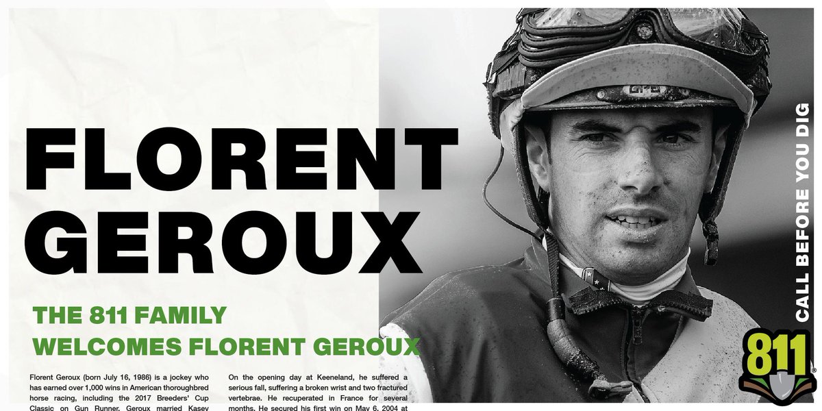 JULIE1call's tweet photo. The 811 family welcomes jockey Florent Geroux (@flothejock), who will sport the #Call811 message aboard Roadster at the #KentuckyDerby this Saturday! Be sure to bet on 811, and always call 811 before digging! https://t.co/gazwOPbEXg