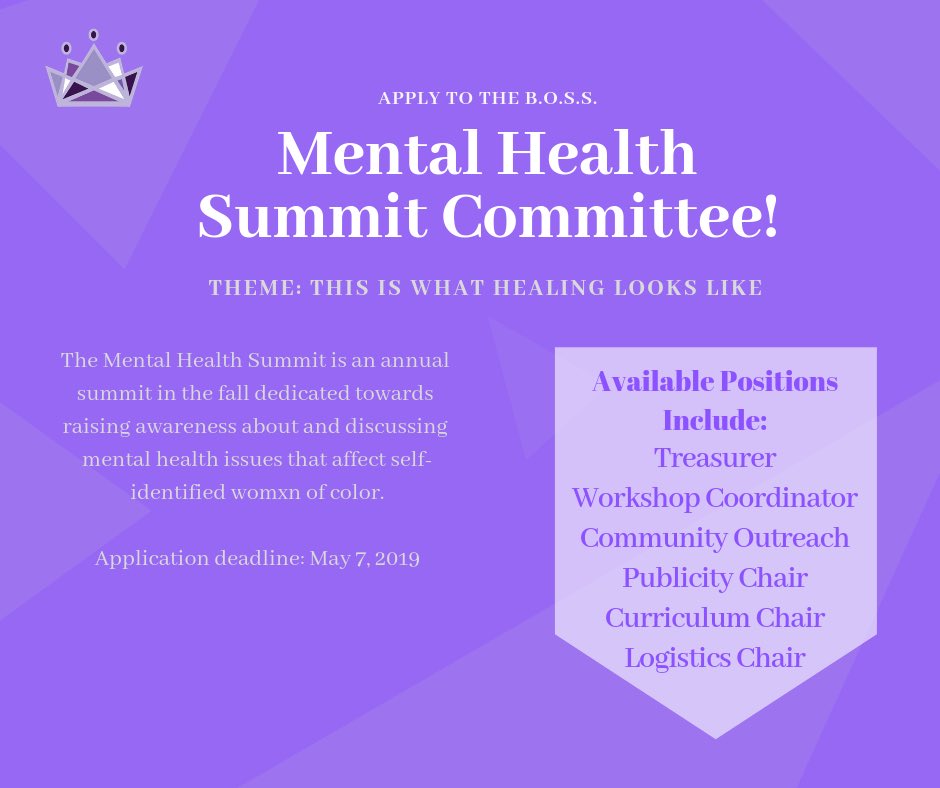 beBOSSy23's tweet photo. Happy #BOSSyThursday everyone! Are you someone who is passionate about mental health initiatives for womxn of color? Consider applying for our MHS Committee! It’s great for those looking to get more involved in B.O.S.S. on a short-term scale! Apply here: https://t.co/9kNj0wchhO https://t.co/N06gxSRk83