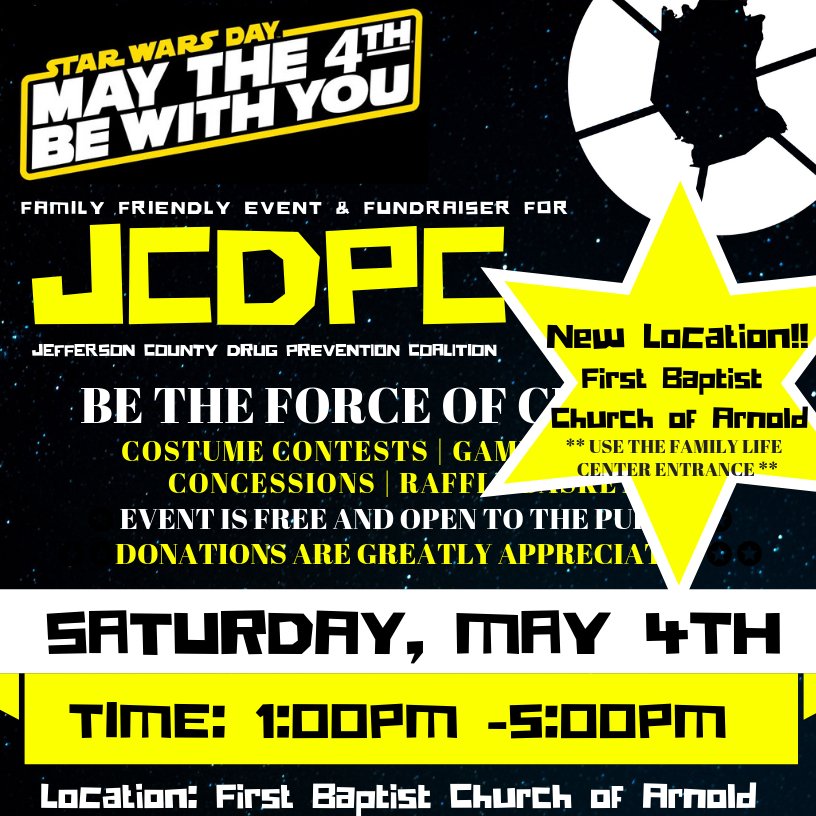 ATTENTION! Event location has moved! The JCDPC Star Wars event will be held this Saturday at the First Baptist Church in Arnold from 1-5pm. 2012 Missouri State Rd, Arnold, MO 63010

See you there!
