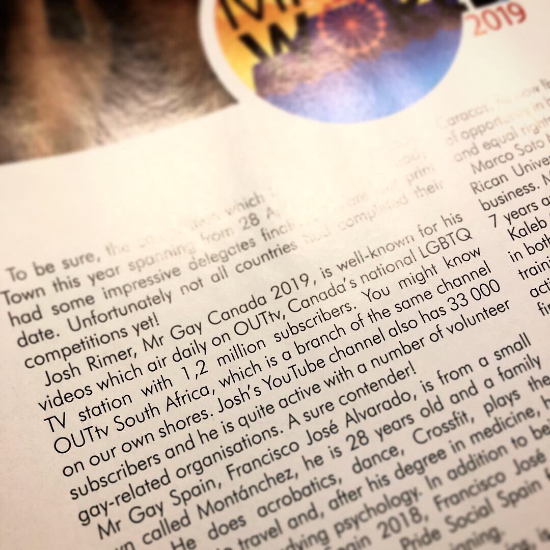 JoshRimer's tweet photo. Ok, this is pretty dang cool - the largest gay publication in South Africa says Iโm a sure contender! ๐ #MrGayWorld2019 #gaypagessa #MGW2019 https://t.co/efnPti08FA