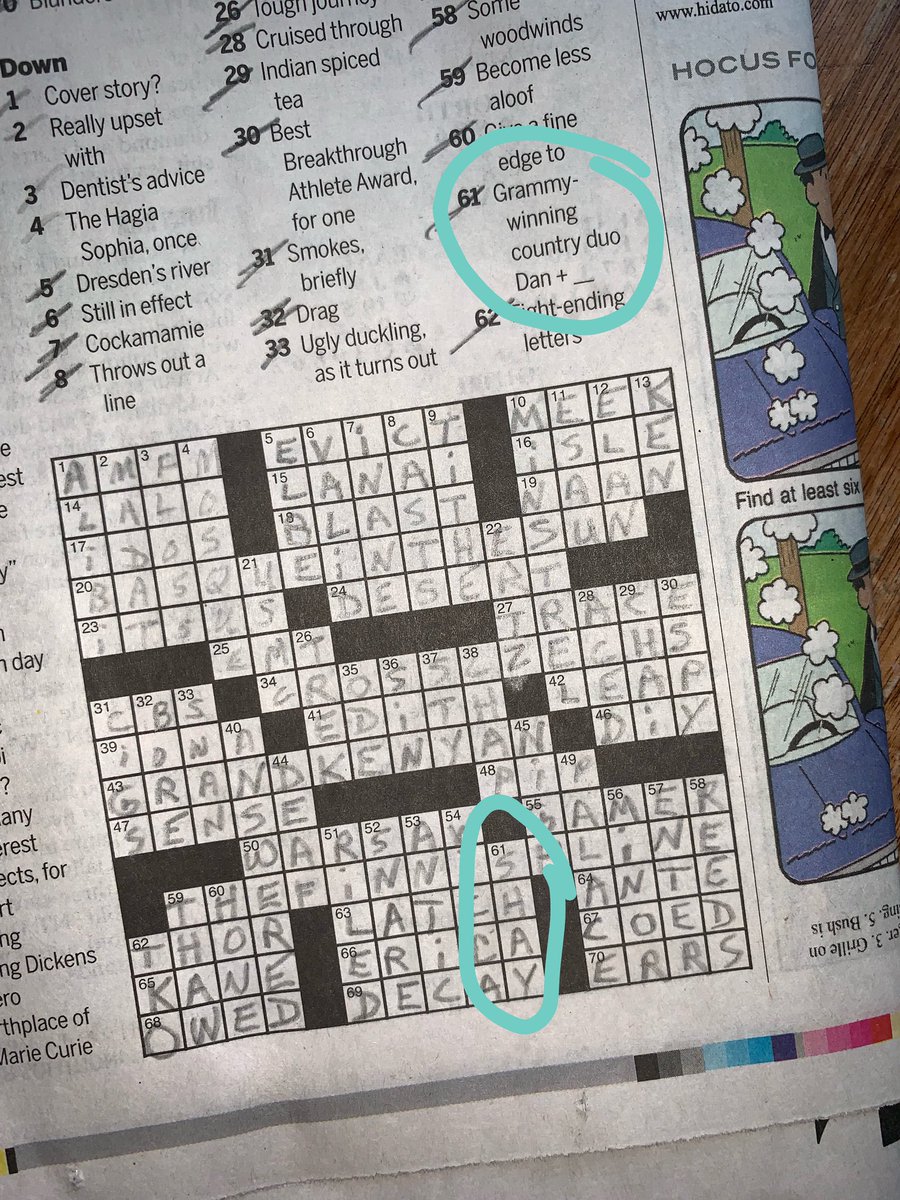 DanXIXShay's tweet image. My grandma just excitedly told me that @DanAndShay we’re in her crossword puzzle today + she was proud haha! I know 61 down!