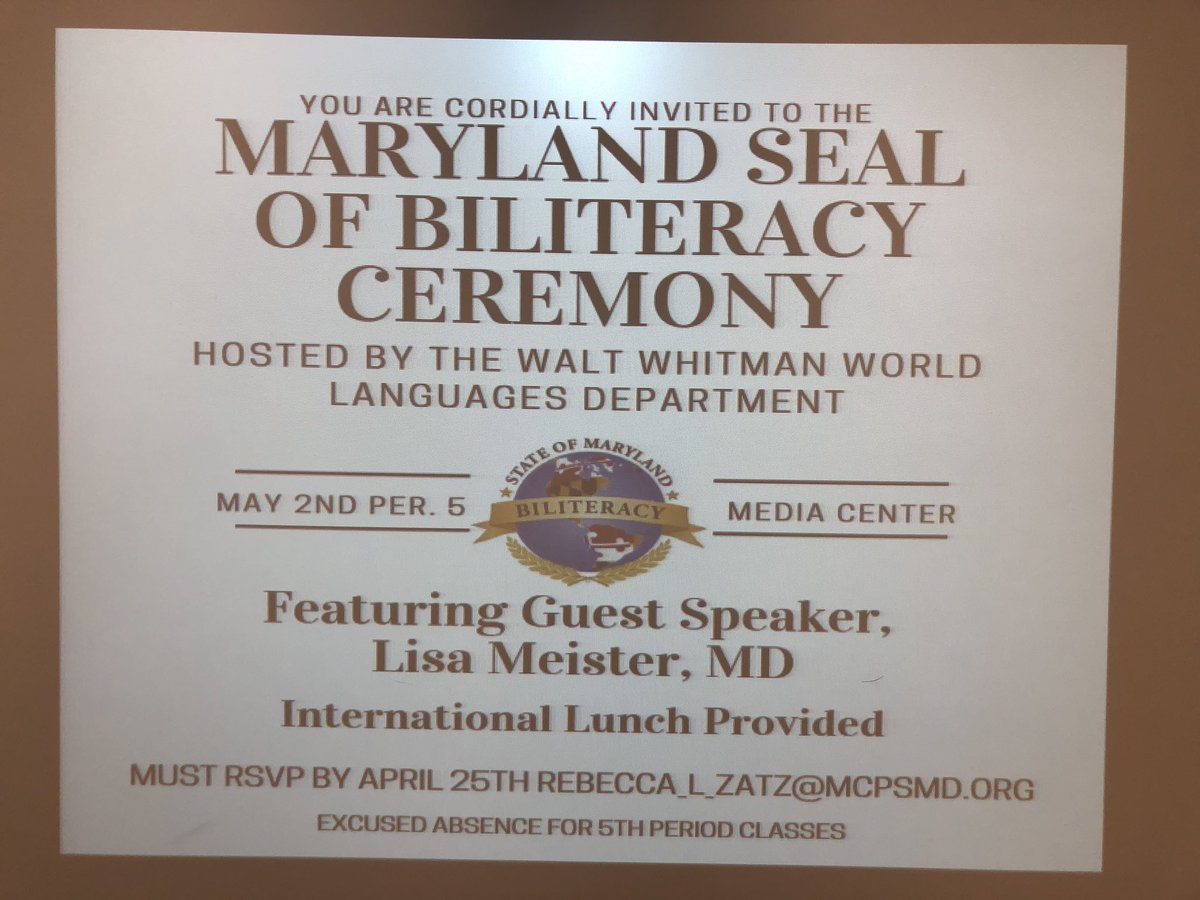 FVandenplas's tweet photo. Celebrating our bilingual and biliterate scholars. Congratulations Whitman Vikings on earning the Maryland Seal of Biliteracy! Kudos to Mrs. Zatz and the entire WL department.
#BilingualismIsYourSuperPower #LanguageIsAnAsset @RWDodd @MCPS https://t.co/5jJGEdg1WQ