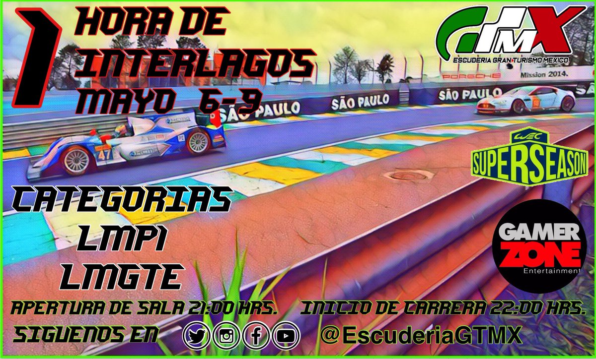 EscuderiaGTMX's tweet photo. RETOMAMOS NUESTRO CAMPEONATO GTMX WEC WORLD ENDURANCE CHAMPIONSHIP EN BRASIL INTERLAGOS RONDA 3 CARRERAS DEL 6 al 9 DE MAYO 2019
#SOMOSGTMX
https://t.co/SsY3usQBxZ
#DesarrolloRealidadVirtual #Simulador4d #VR #RealidadVR https://t.co/7ic9jMxYDA