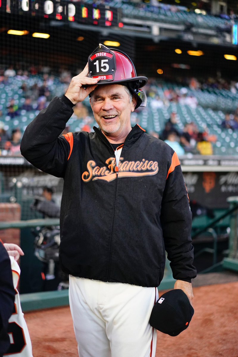 BruceBochy's tweet photo. Congrats on your retirement, Chief! It was great to have you at the ballpark 👩‍🚒Thanks for my new helmet and the great first pitch. https://t.co/sRSbfd4cqU