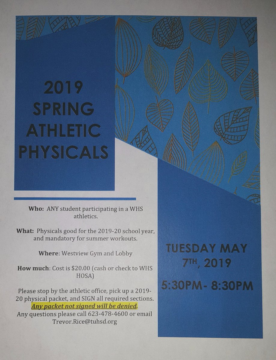 WestviewHOSA's tweet photo. WHS HOSA will be hosting Spring Physicals on Tuesday May 7th from 5:30pm- 8:30pm in the gym. Cost is $20 and packets can be picked up in athletics or in room 703. Please come and help support WHS HOSA. https://t.co/z37i1m0uCn