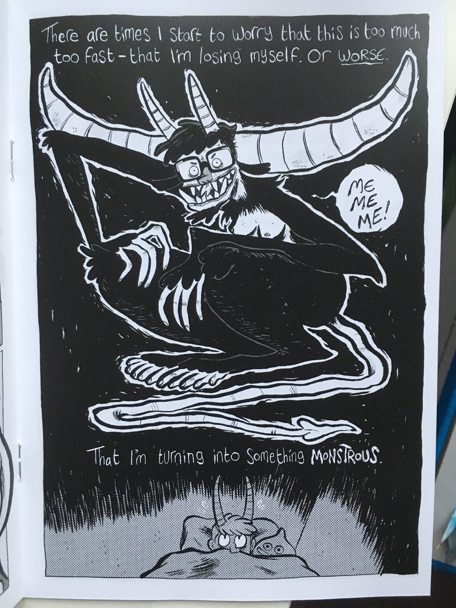 My mini Green Horn arrived!
It's a zine about self confidence but also silly stuff!
It'll be at TCAF, along with my reprints of Werewolf Social Club, little paintings and a few stray pins 
✨?✨ 